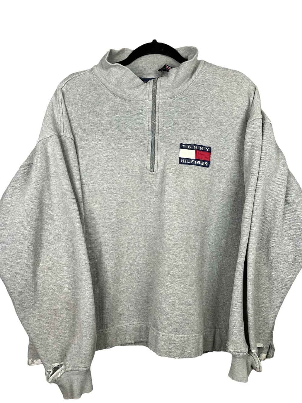 Tommy Hilfiger Unisex Grey Long Sleeve Quarter Zip Pullover Distressed Size XL